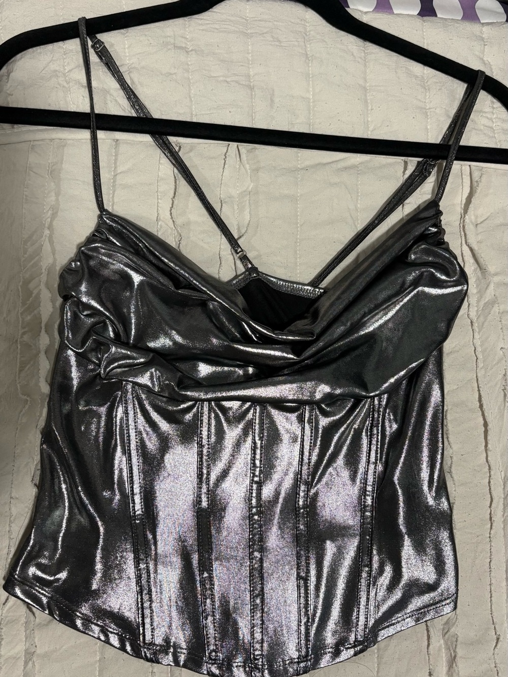 Sincerely Jules Metallic Silver Cowl Neck Satin Cami corset